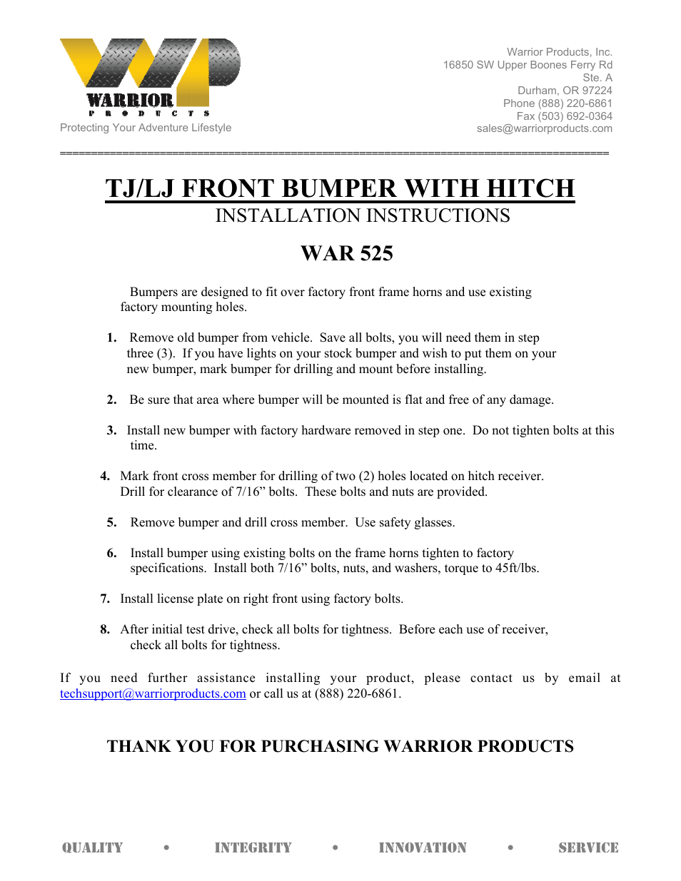 Warrior 525 TJ_LJ FRONT BUMPER WITH HITCH (1997 – 2006 Jeep TJ Wrangler) User Manual | 1 page