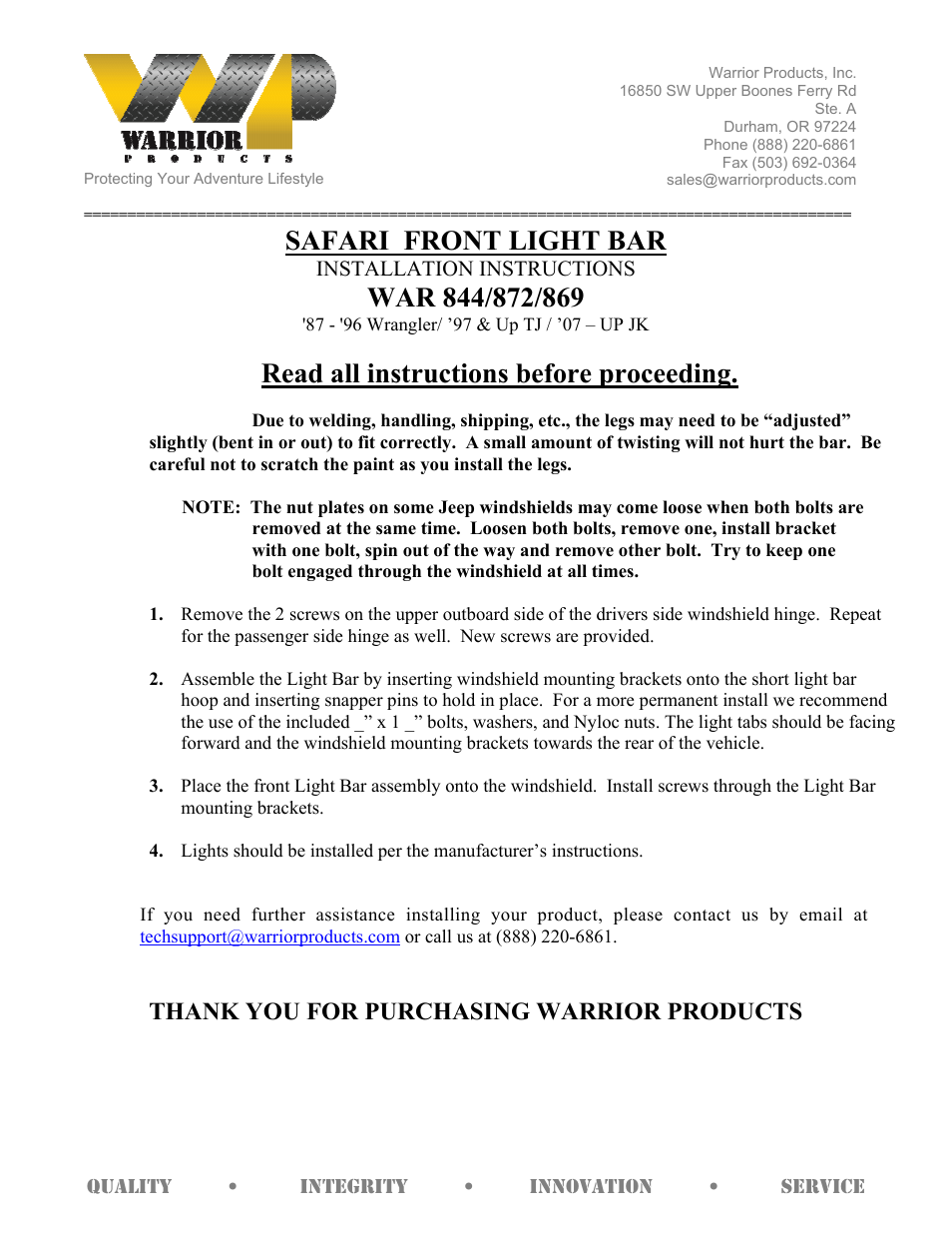 Warrior 869 SAFARI FRONT LIGHT BAR (2007 – 2013 Jeep JK Wrangler) User Manual | 1 page