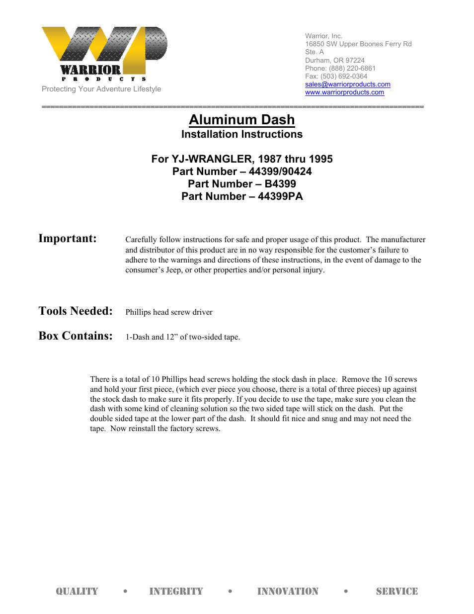 Warrior 44399PA Aluminum Dash (1987 – 1996 Jeep YJ Wrangler) User Manual | 1 page