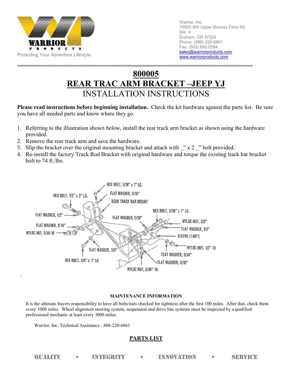 Warrior 800005 REAR TRAC ARM BRACKET (1987 – 1996 Jeep YJ Wrangler) User Manual | 2 pages