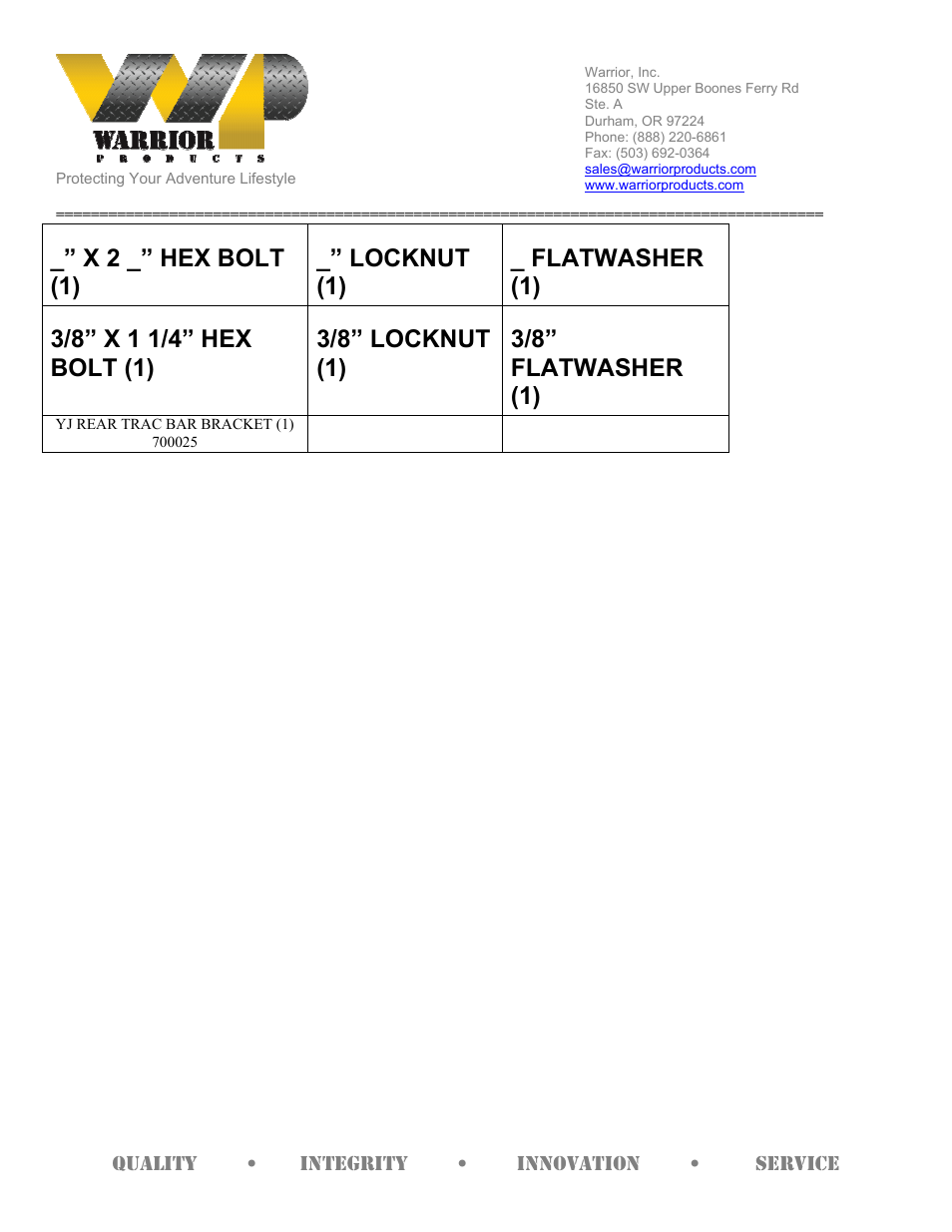 Warrior 800005 REAR TRAC ARM BRACKET (1987 – 1996 Jeep YJ Wrangler) User Manual | Page 2 / 2