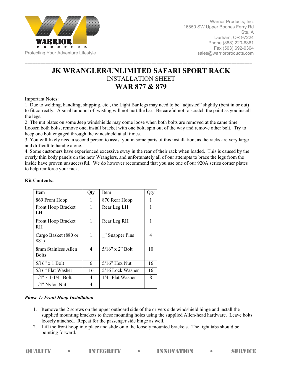 Warrior 879 SAFARI SPORT RACK (2007 – 2013 Jeep JK Wrangler) User Manual | 3 pages