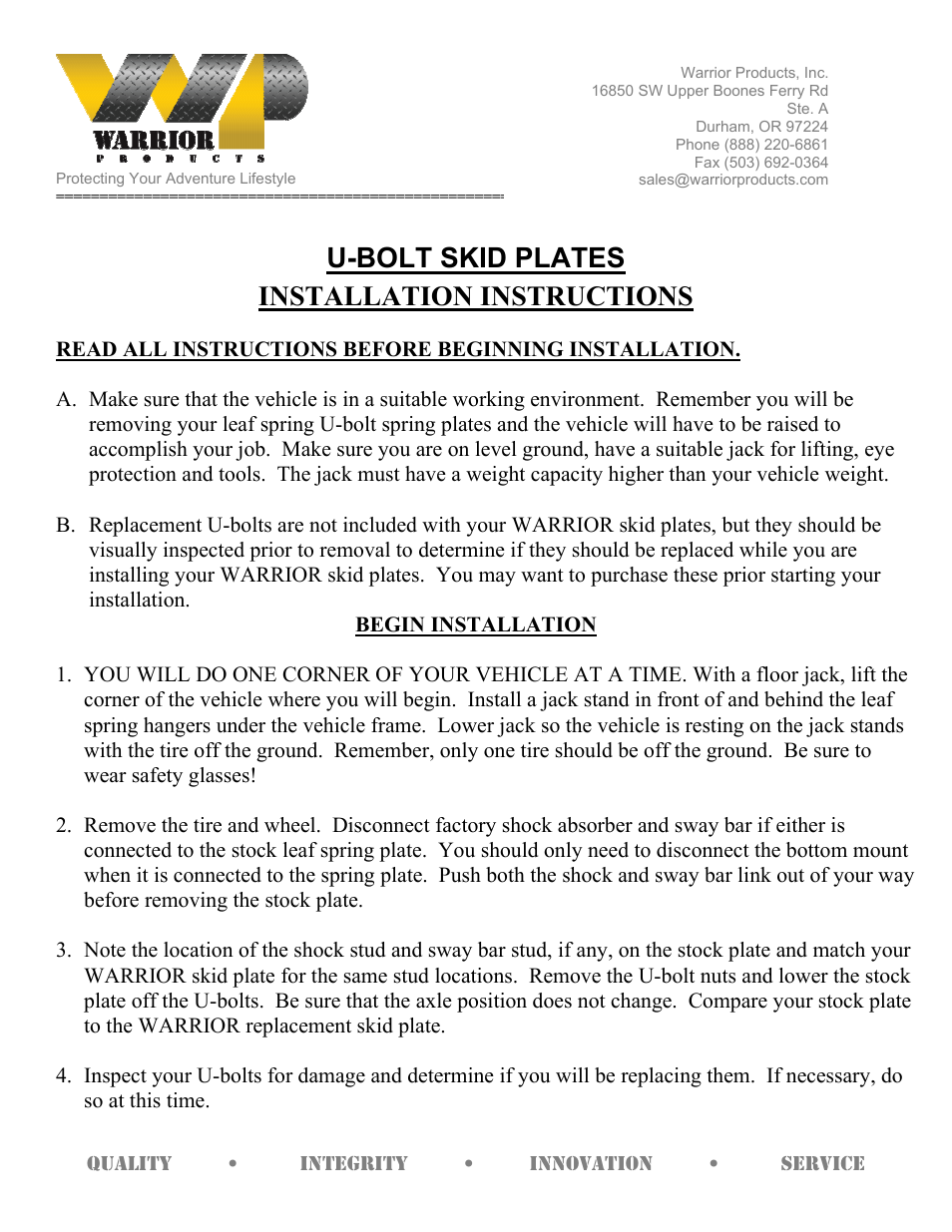 Warrior U-BOLT SKID PLATES (1963 – 1973 Toyota FJ-40_FJ-45 Landcruiser) User Manual | 2 pages