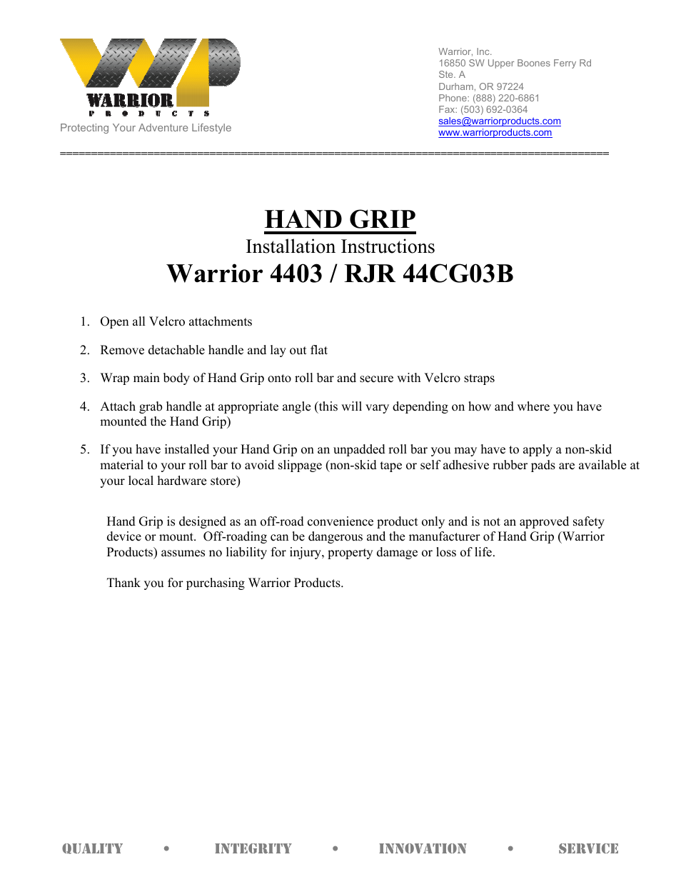 Warrior 4403_RJR 44CG03B HAND GRIP (Universal) User Manual | 1 page