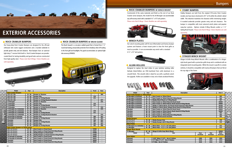 Exterior accessories, Bumpers bumper s racks, Rock crawler bumpers | Stinger winch mount stubby bumpers, Winch plates, Alumi-rollers, W/ brush guard, W/ winch mount | Warrior CATALOG 2013 JEEP PRODUCT User Manual | Page 11 / 25