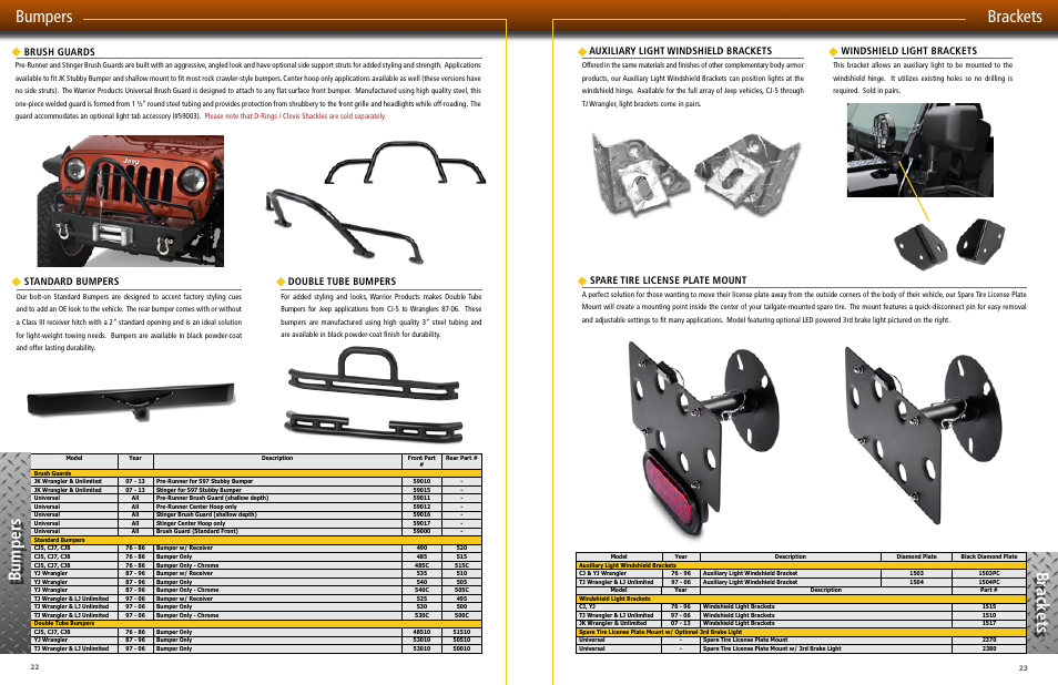 Bumpers bumper s, Brackets br ack ets, Brush guards | Double tube bumpers, Standard bumpers, Auxiliary light windshield brackets, Spare tire license plate mount, Windshield light brackets | Warrior CATALOG 2013 JEEP PRODUCT User Manual | Page 12 / 25