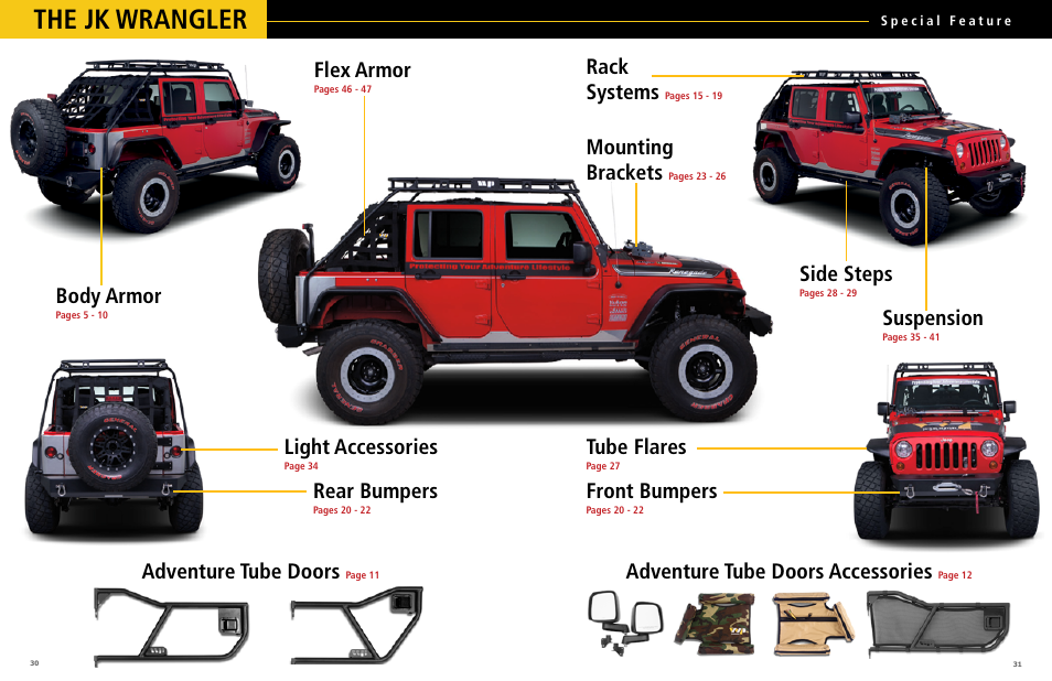 The jk wrangler, Body armor, Light accessories | Rear bumpers, Flex armor, Rack systems, Side steps, Suspension, Tube flares, Front bumpers | Warrior CATALOG 2013 JEEP PRODUCT User Manual | Page 16 / 25