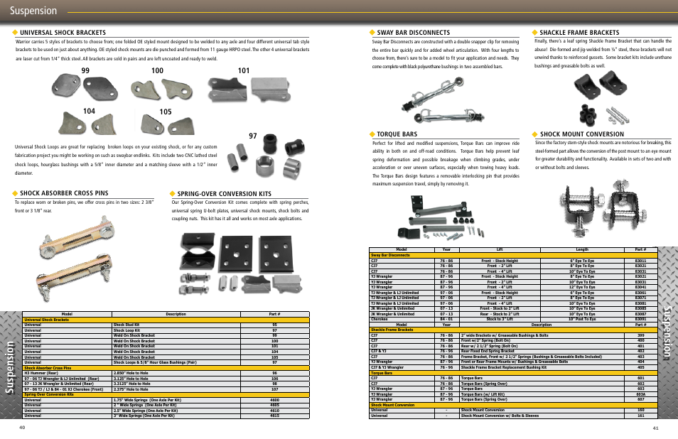 Suspension, Shock absorber cross pins, Shock mount conversion universal shock brackets | Spring-over conversion kits, Sway bar disconnects, Torque bars, Shackle frame brackets | Warrior CATALOG 2013 JEEP PRODUCT User Manual | Page 21 / 25