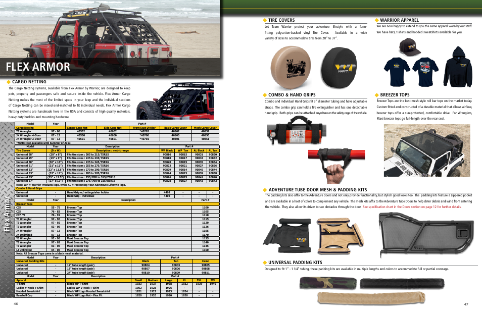 Flex armor, Tire covers, Breezer tops | Combo & hand grips cargo netting, Adventure tube door mesh & padding kits, Warrior apparel, Universal padding kits | Warrior CATALOG 2013 JEEP PRODUCT User Manual | Page 24 / 25