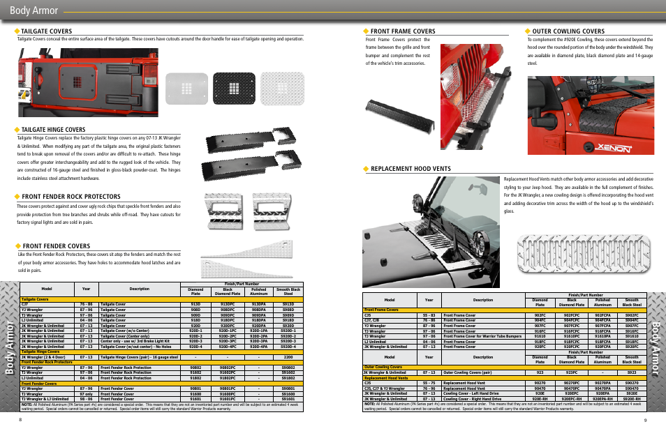Body armor, Tailgate hinge covers, Front frame covers | Replacement hood vents, Outer cowling covers, Front fender rock protectors, Tailgate covers, Front fender covers | Warrior CATALOG 2013 JEEP PRODUCT User Manual | Page 5 / 25