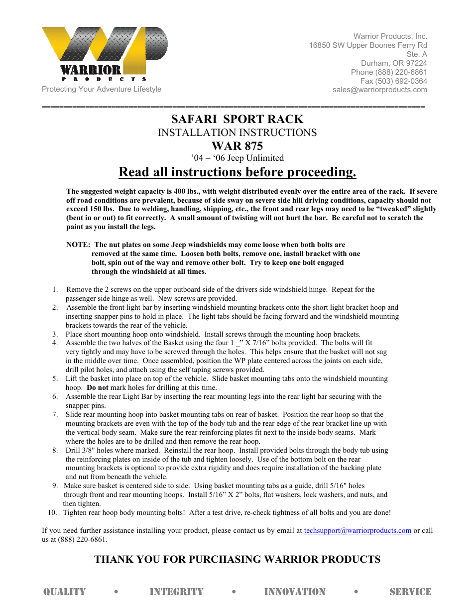 Warrior 875 SAFARI SPORT RACK (2004 – 2006 Jeep LJ Unlimited) User Manual | 1 page