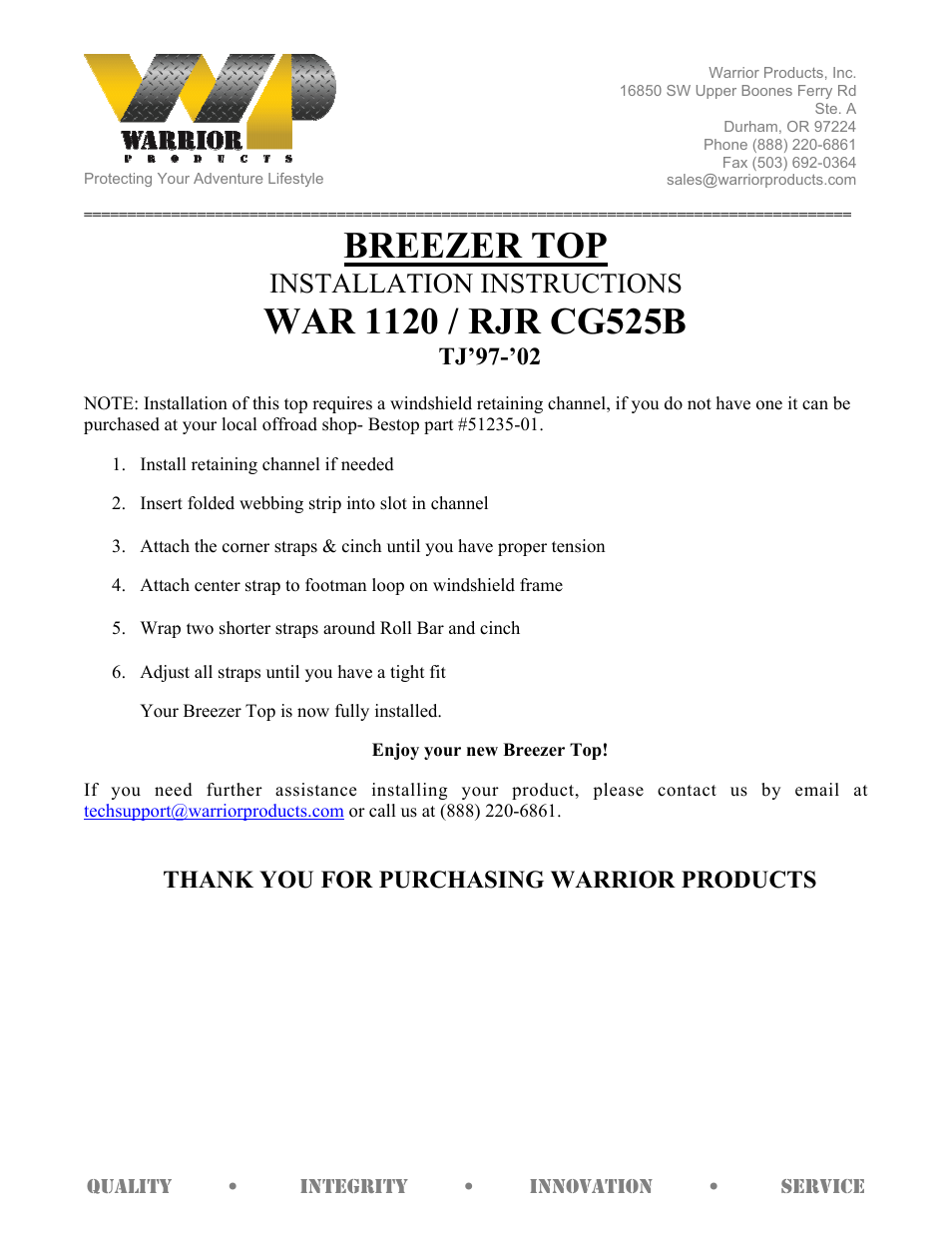Warrior 1120_RJR CG525B BREEZER TOP (1997 – 2006 Jeep TJ Wrangler) User Manual | 1 page