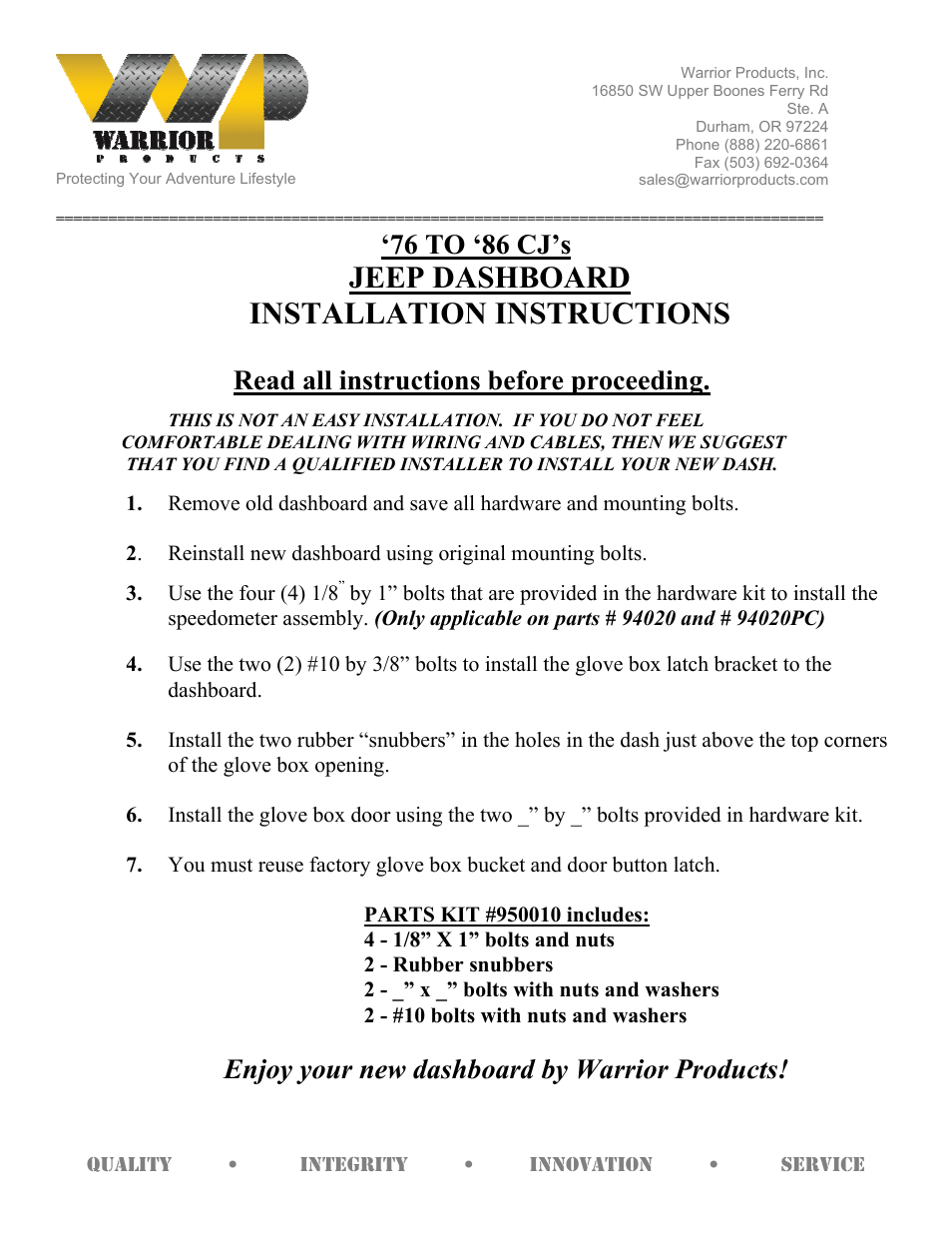 Warrior JEEP DASHBOARD (1976 – 1986 Jeep CJ5, CJ7, CJ8) User Manual | 1 page