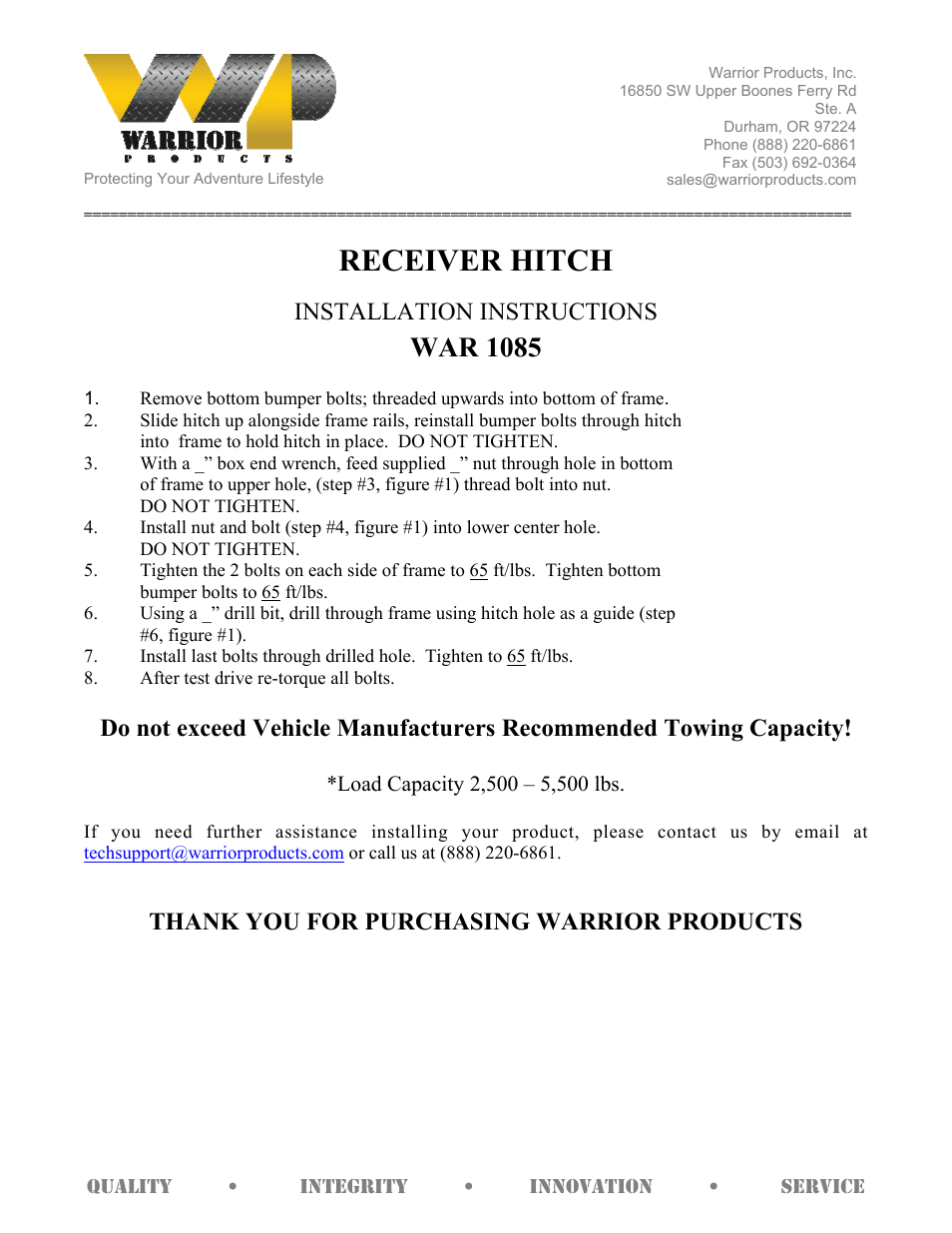Warrior 1085 RECEIVER HITCH (1997 – 2006 Jeep TJ Wrangler) User Manual | 1 page