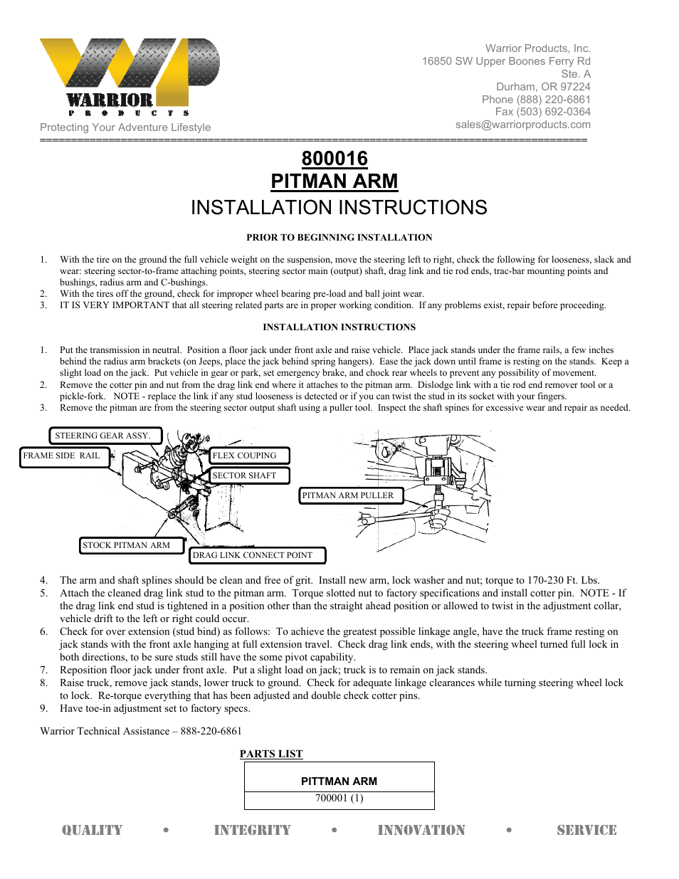 Warrior 800016 PITMAN ARM (1987 – 1996 Jeep YJ Wrangler) User Manual | 1 page