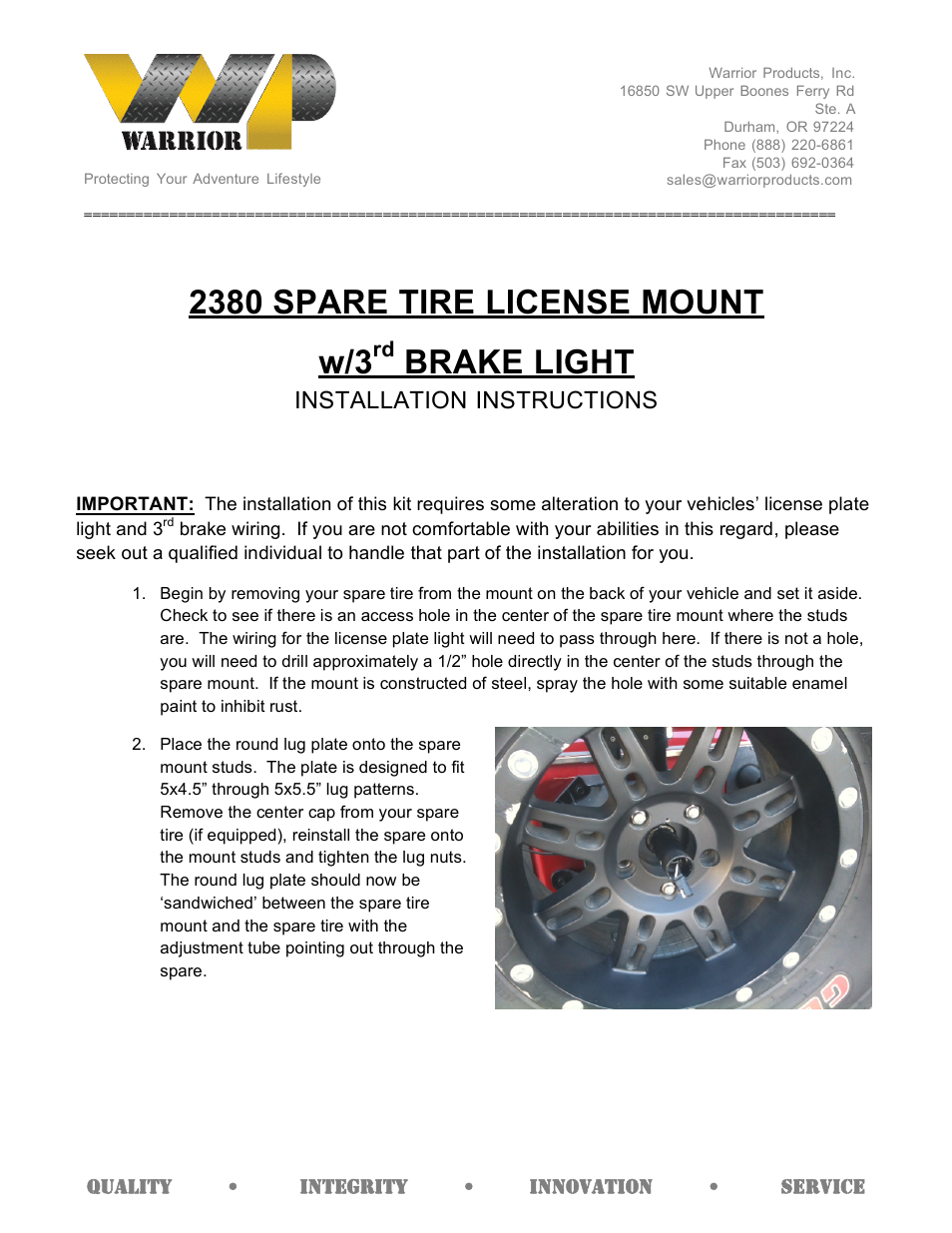 Warrior 2380 SPARE TIRE LICENSE MOUNT - 3RD BRAKE LIGHT (Universal) User Manual | 3 pages