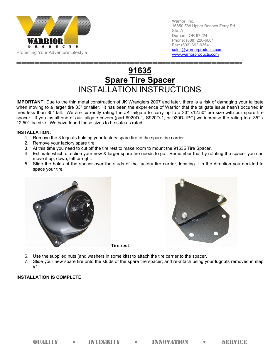 Warrior 91635 Spare Tire Spacer (2007-2013 FJ Cruiser) User Manual | 1 page