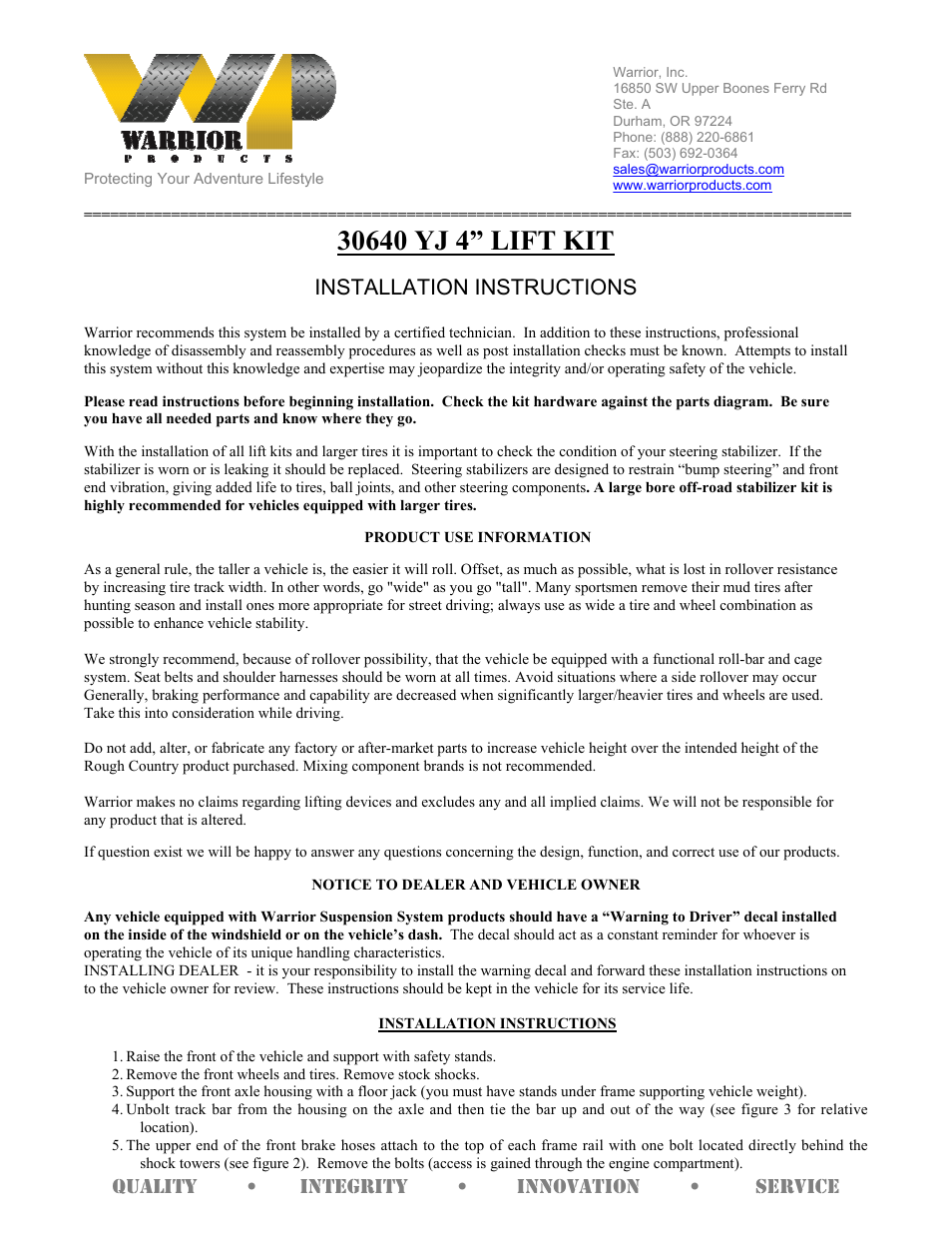 Warrior 30640 LIFT KIT (1987 – 1996 Jeep YJ Wrangler) User Manual | 4 pages