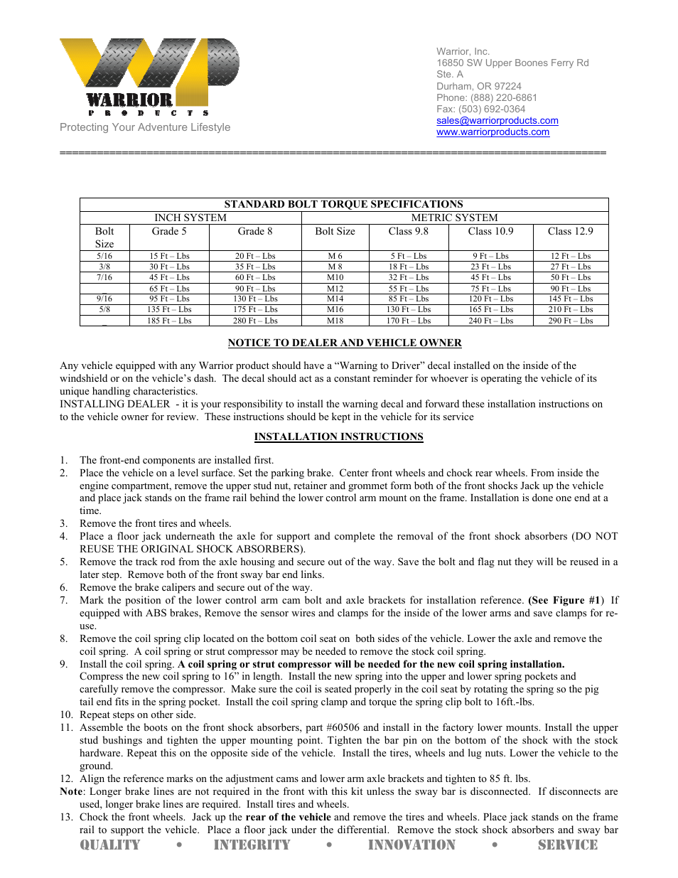 Quality • integrity • innovation • service | Warrior 30741 ECONOMY LIFT KIT (1997 – 2006 Jeep TJ Wrangler) User Manual | Page 2 / 4