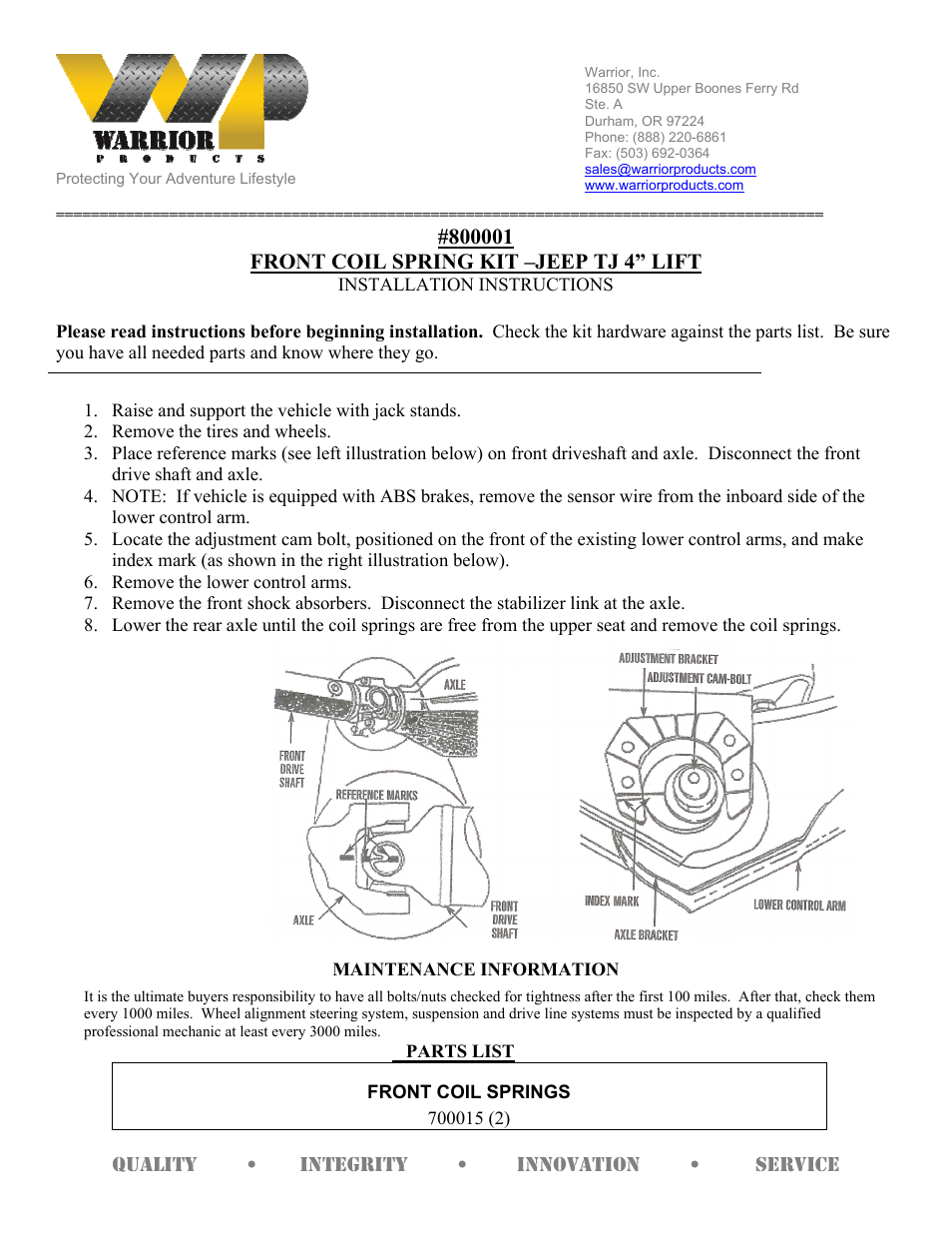 Warrior 800001 FRONT COIL SPRING KIT (1997 – 2006 Jeep TJ Wrangler) User Manual | 1 page