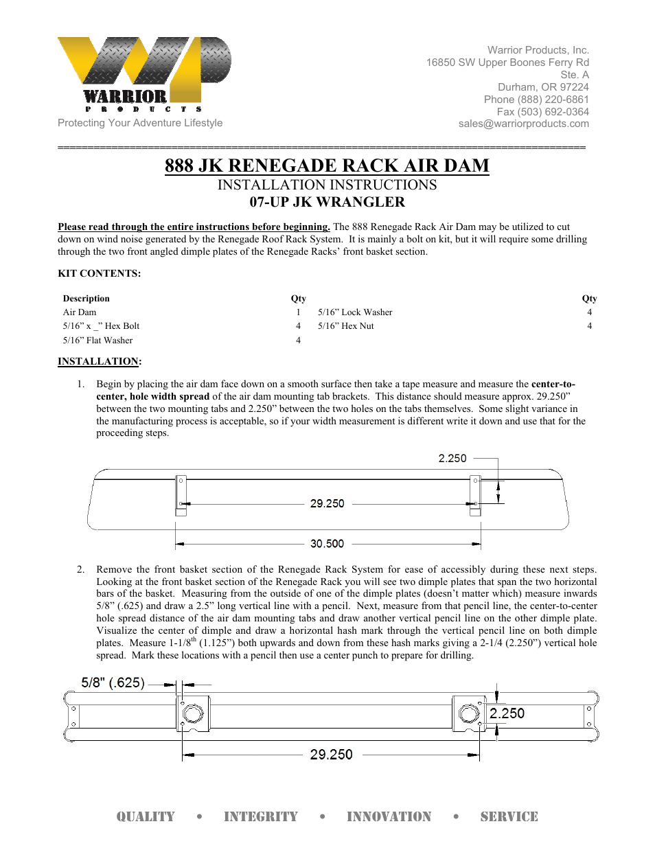 Warrior 888 JK RENEGADE RACK AIR DAM (Universal) User Manual | 2 pages