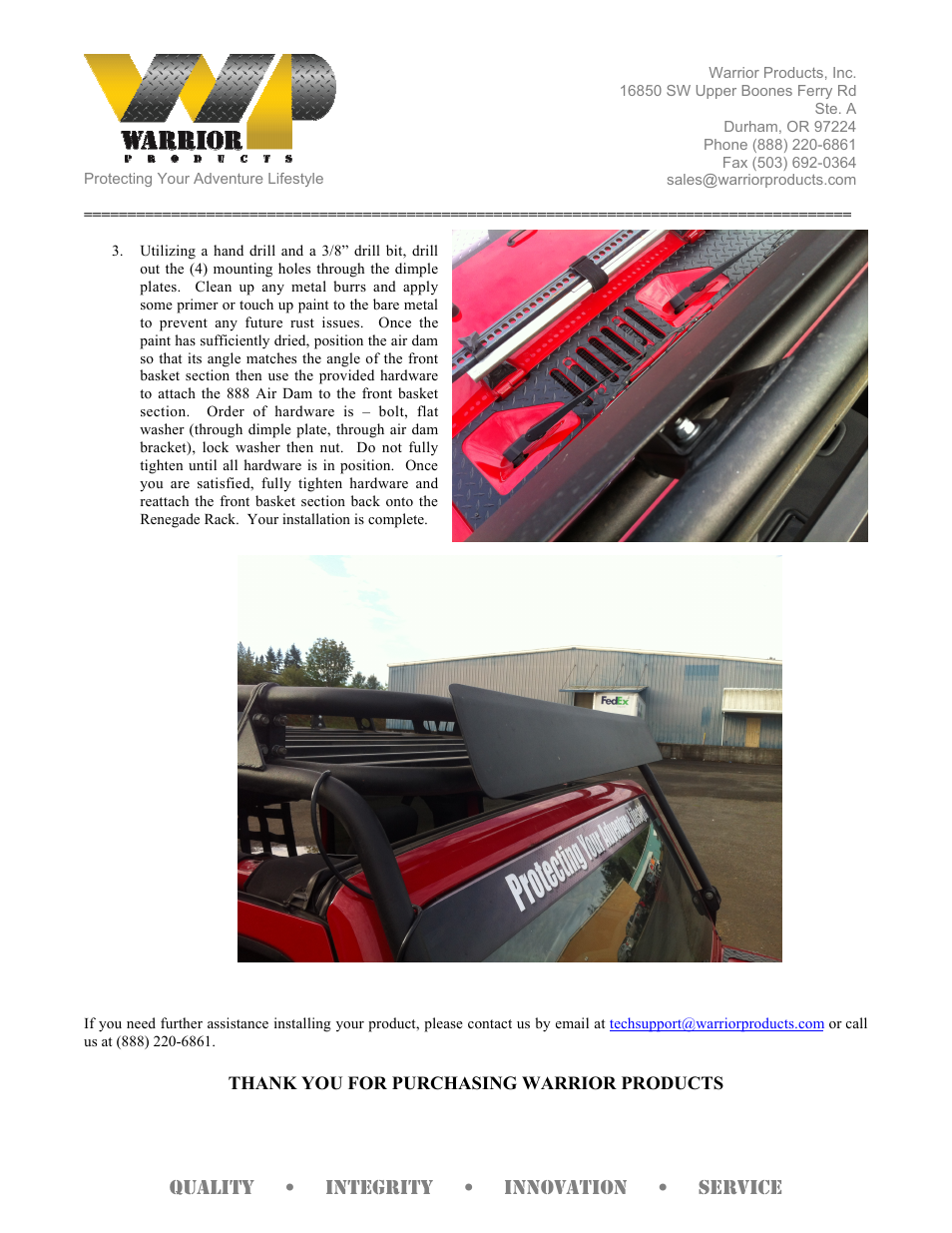Warrior 888 JK RENEGADE RACK AIR DAM (Universal) User Manual | Page 2 / 2