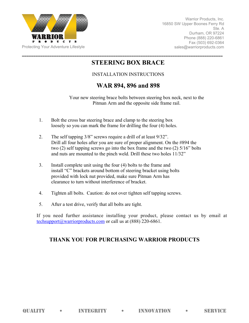 Warrior 898 STEERING BOX BRACE (1984 – 2001 Jeep XJ Cherokee) User Manual | 1 page