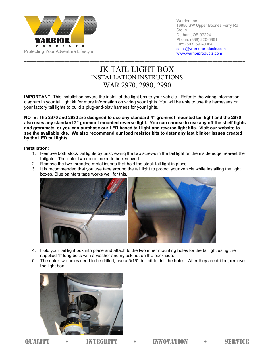 Warrior 2990 TAIL LIGHT BOX (2007 – 2013 Jeep JK Wrangler) User Manual | 2 pages