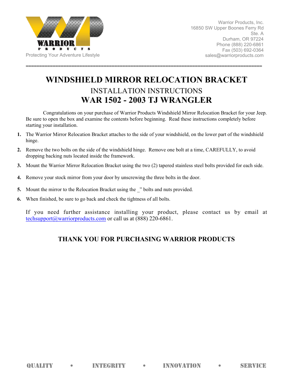 Warrior 1502-2003 WINDSHIELD MIRROR RELOCATION BRACKET (1997 – 2006 Jeep TJ Wrangler) User Manual | 1 page