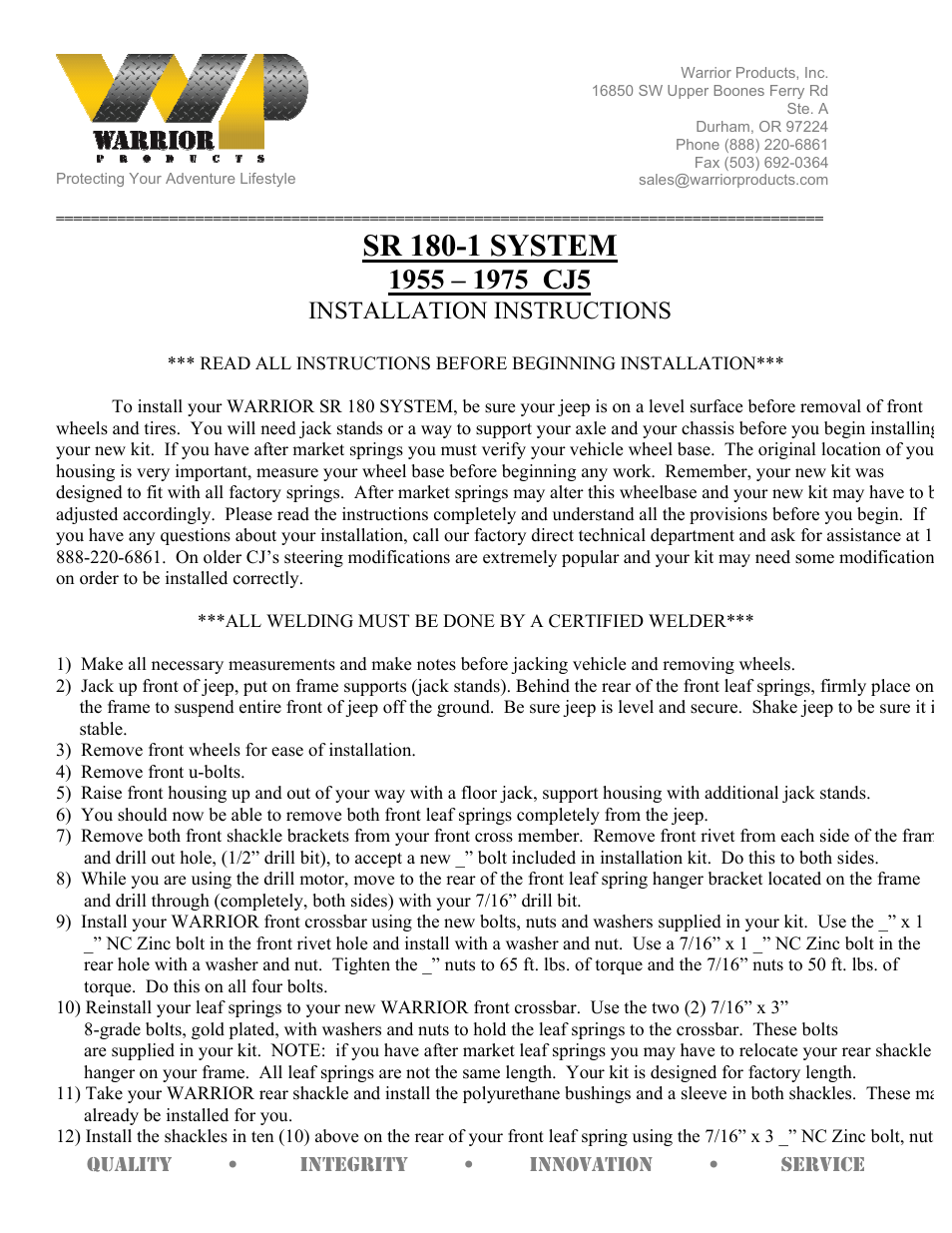 Warrior SR 180-1 SYSTEM (1955–1975 Jeep CJ5) User Manual | 2 pages