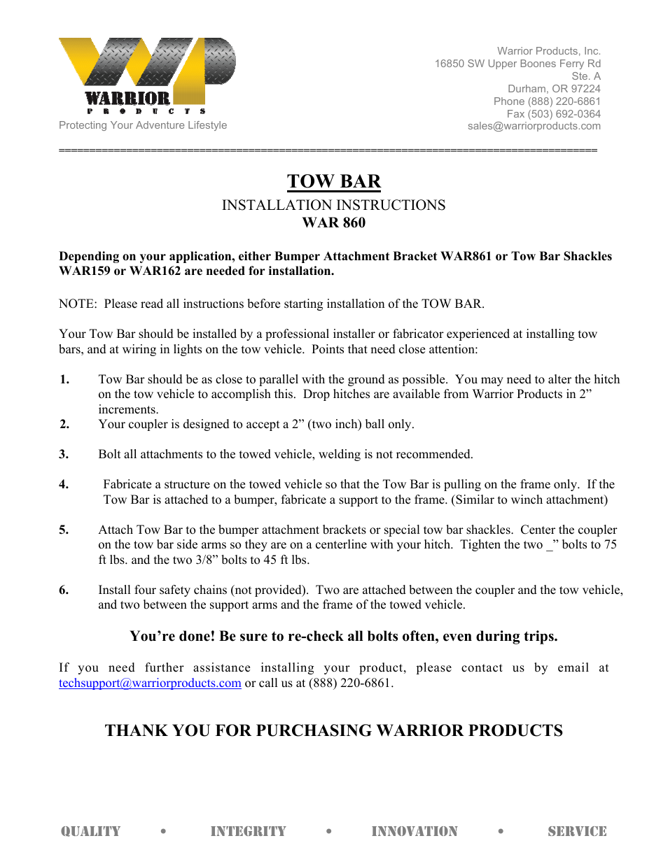 Warrior 860 TOW BAR (Universal) User Manual | 1 page