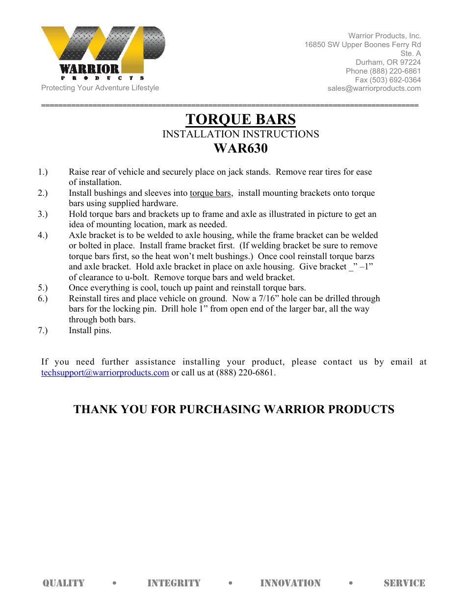 Warrior 630 TORQUE BARS (1960 – 1984 Toyota FJ40 Landcruiser) User Manual | 1 page