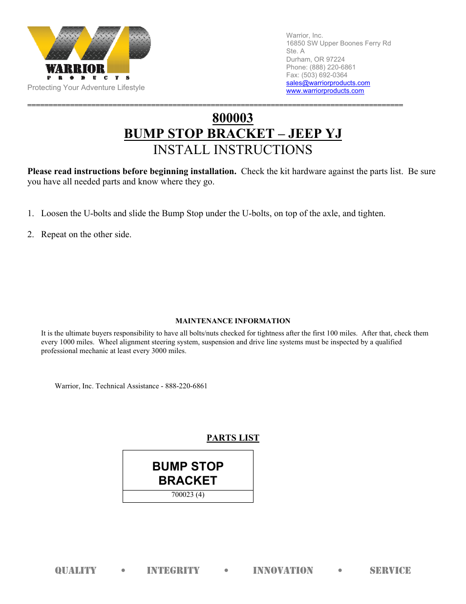 Warrior 800003 BUMP STOP BRACKET (1987 – 1996 Jeep YJ Wrangler) User Manual | 1 page