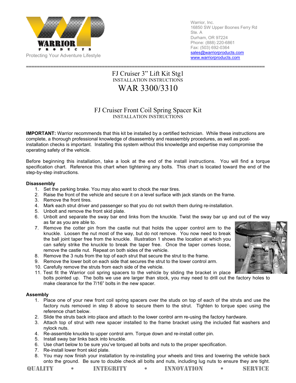 Warrior 3300_3310 Lift Kit Stg1 (2007-2013 FJ Cruiser) User Manual | 2 pages