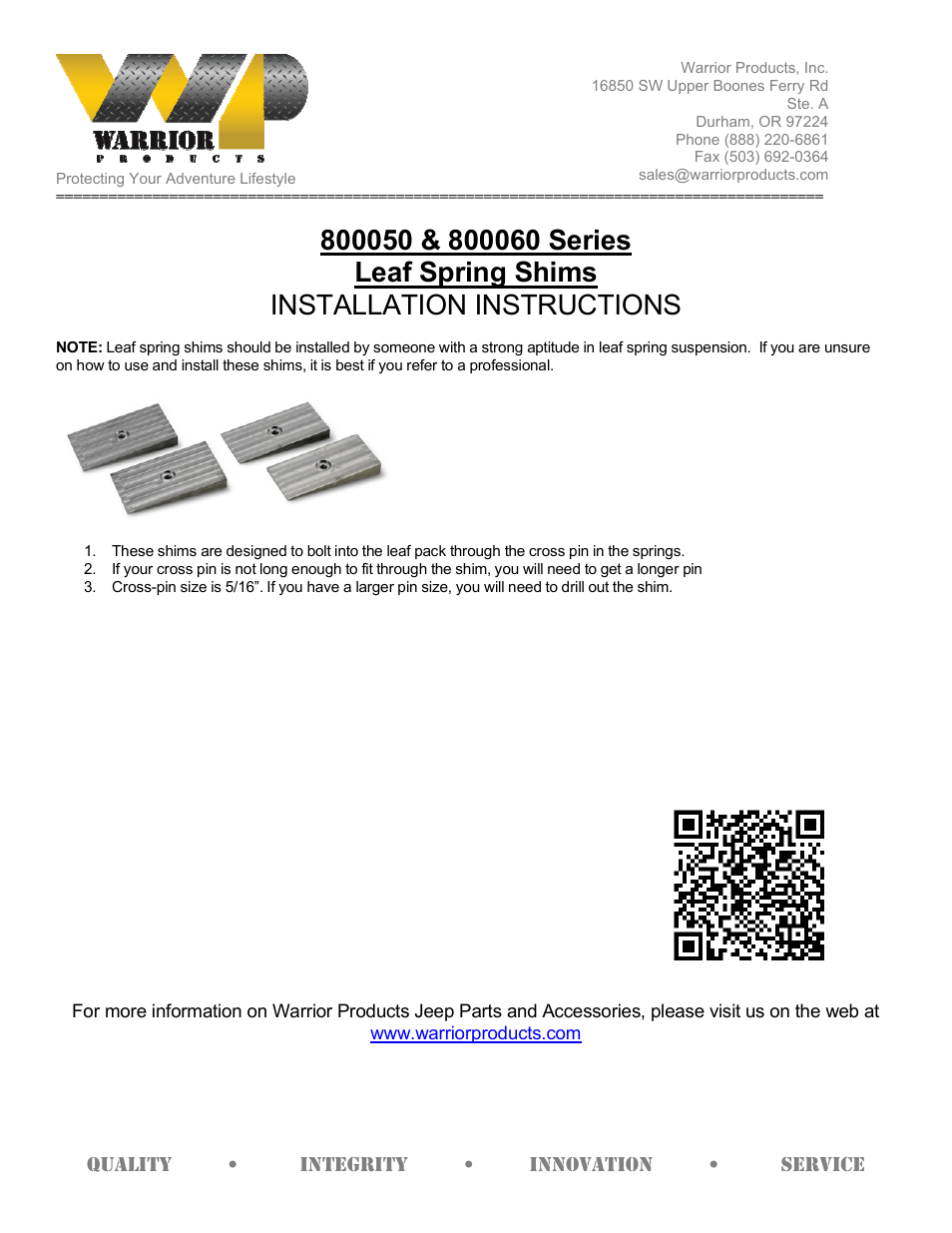 Warrior 800060 Leaf Spring Shims (Universal) User Manual | 1 page