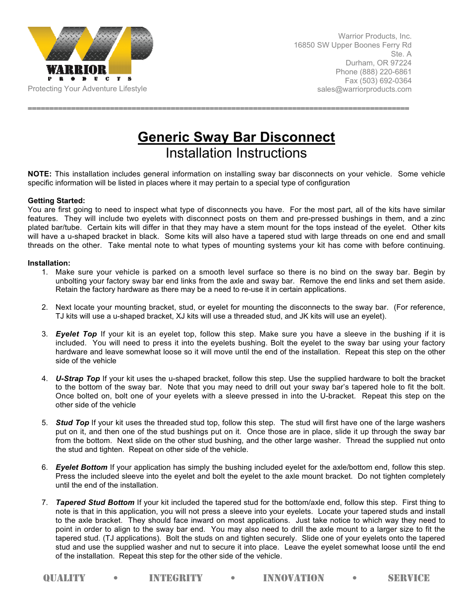 Warrior Generic Sway Bar Disconnect (Universal) User Manual | 2 pages