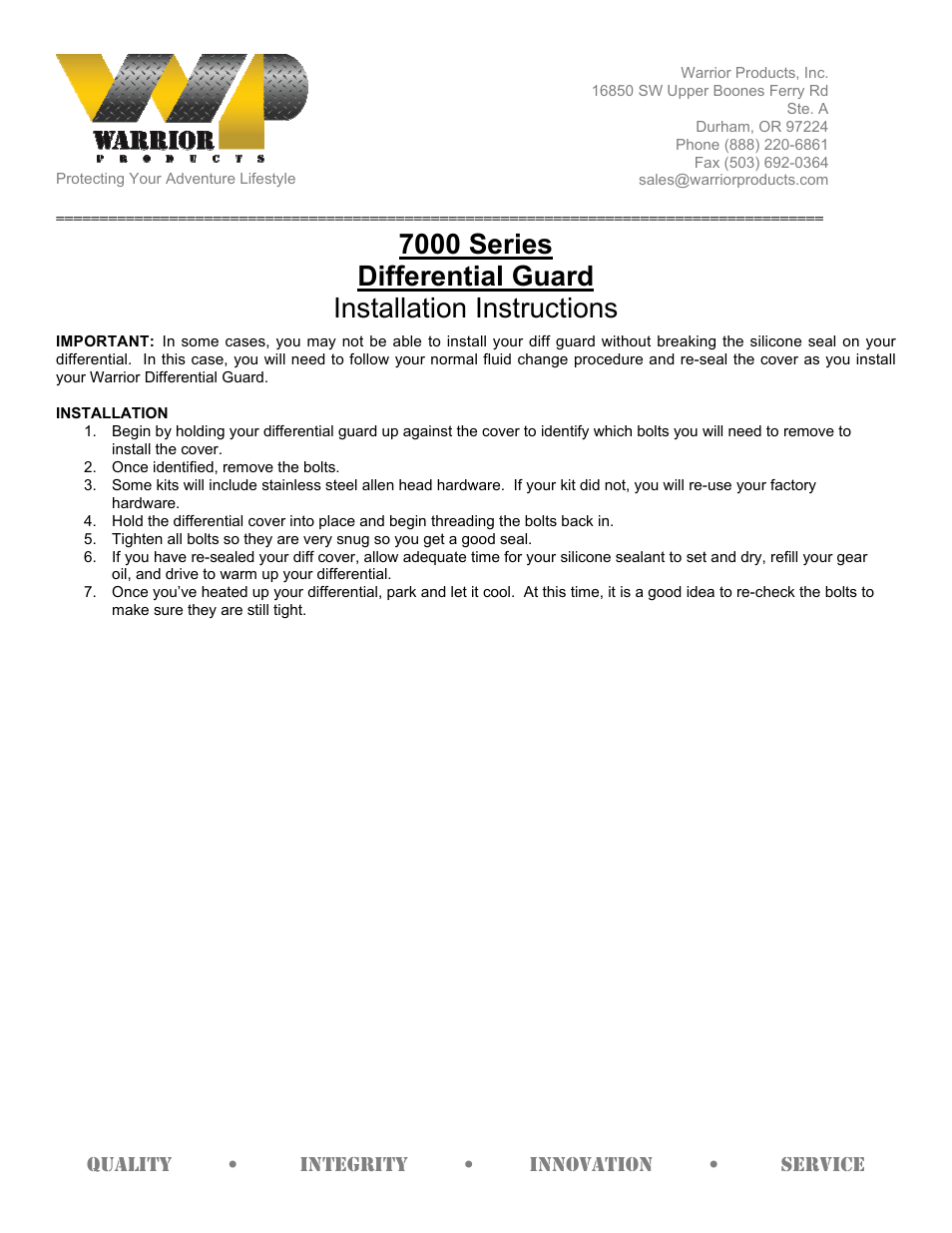 Warrior 7000 Series Differential Guard (Universal) User Manual | 1 page