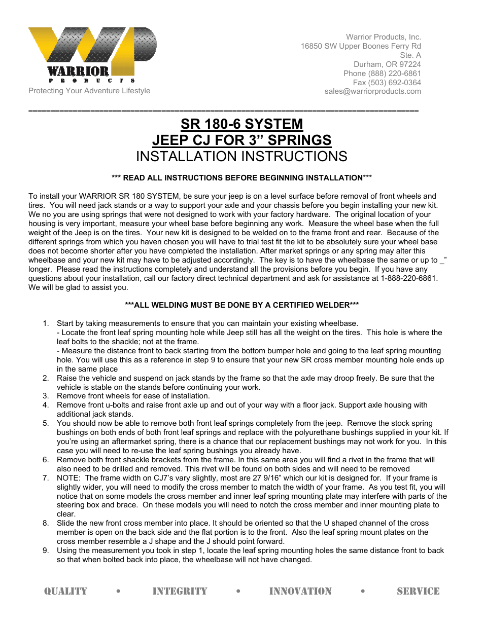 Warrior SR 180-6 SYSTEM (1976 – 1986 Jeep CJ5 & CJ7) User Manual | 3 pages