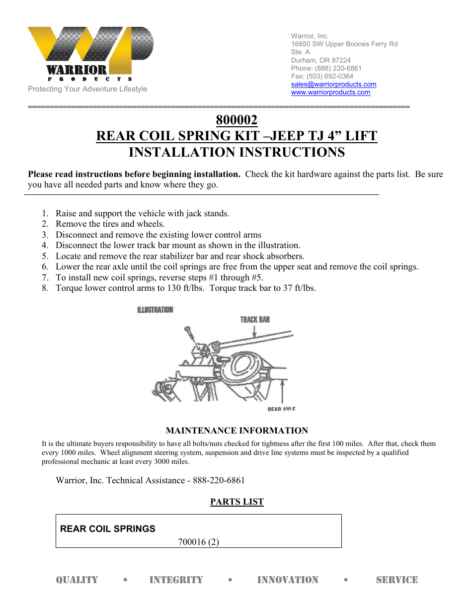 Warrior 800002 REAR COIL SPRING KIT (1997 – 2006 Jeep TJ Wrangler) User Manual | 1 page