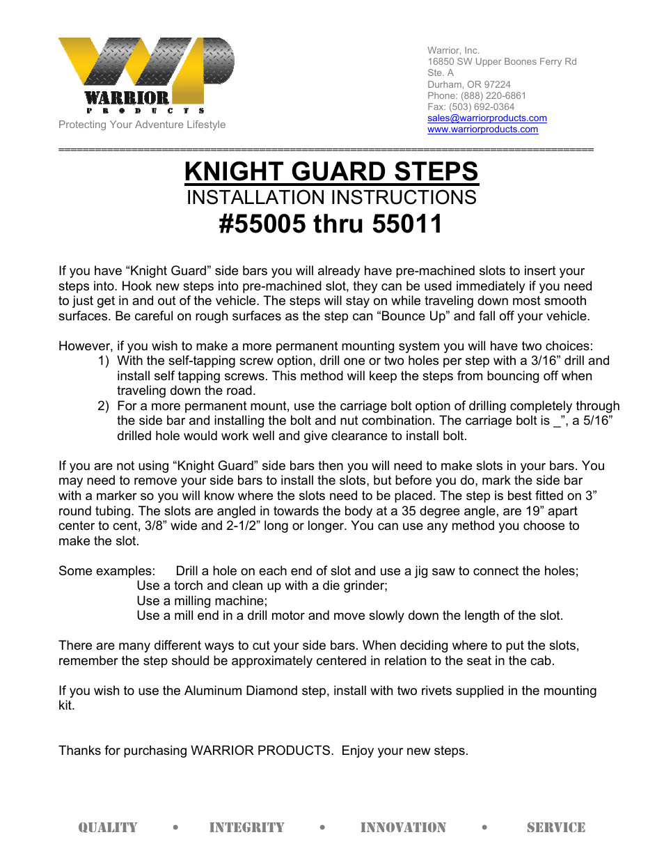 Warrior 55005 thru 55011 KNIGHT GUARD STEPS (Universal) User Manual | 1 page