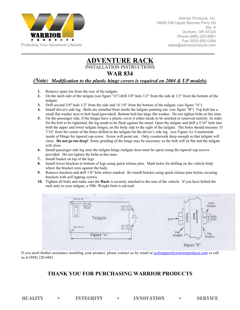 Warrior 834 ADVENTURE RACK (1997 – 2006 Jeep TJ Wrangler) User Manual | 1 page