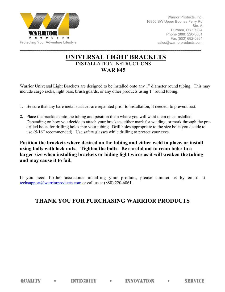 Warrior 845 AUXILIARY LIGHT BRACKETS (Universal) User Manual | 1 page