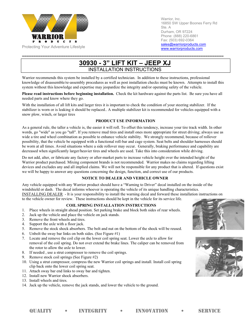 Warrior 30930 - 3” LIFT KIT (1984 – 2001 Jeep XJ Cherokee) User Manual | 3 pages