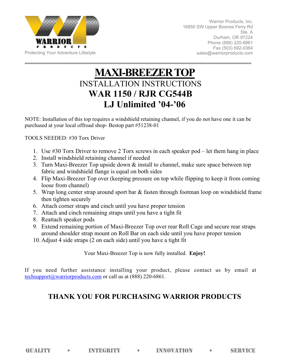 Warrior 1150_RJR CG544B MAXI-BREEZER TOP (2004 – 2006 Jeep LJ Unlimited) User Manual | 1 page