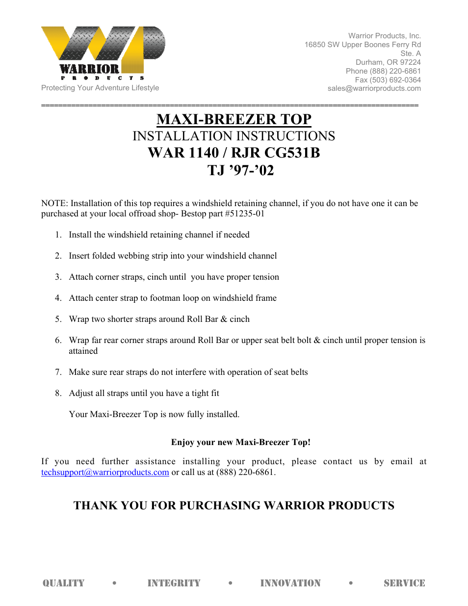 Warrior 1140_RJR CG531B MAXI-BREEZER TOP (1997 – 2006 Jeep TJ Wrangler) User Manual | 1 page