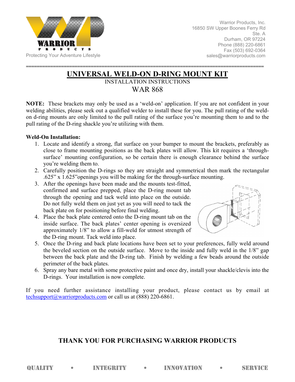 Warrior 868 UNIVERSAL WELD-ON D-RING MOUNT KIT (Universal) User Manual | 1 page