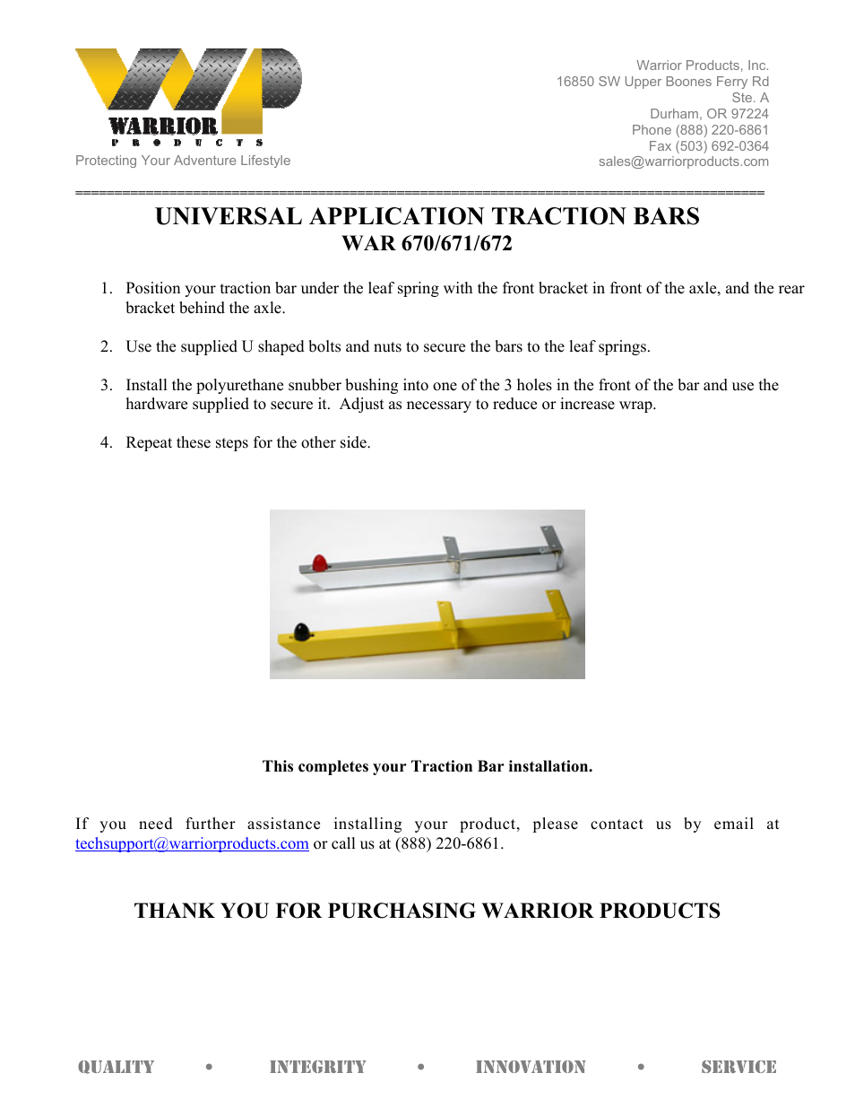 Warrior 670_671_672 APPLICATION TRACTION BARS (Universal) User Manual | 1 page