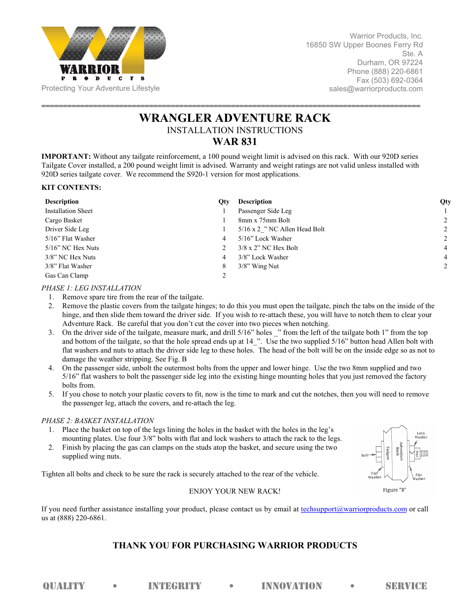 Warrior 831 ADVENTURE RACK (2007 – 2013 Jeep JK Wrangler) User Manual | 1 page