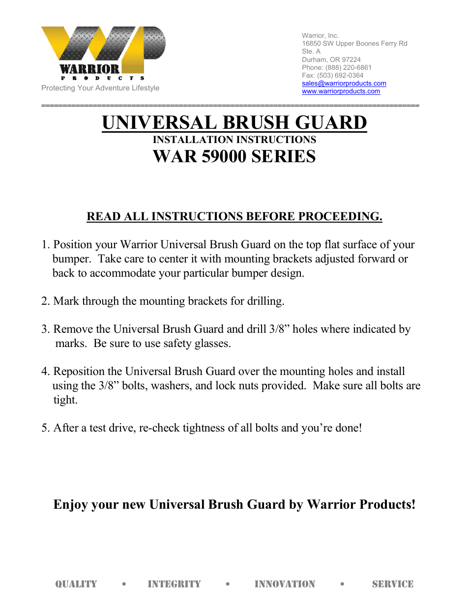 Warrior 59000 SERIES BRUSH GUARD (Universal) User Manual | 1 page