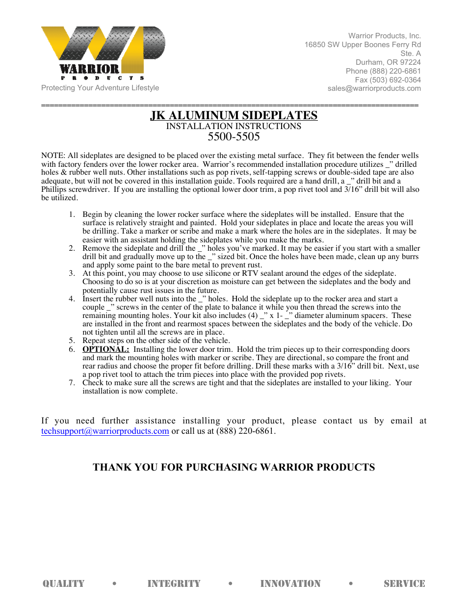 Warrior 5500-5505 JK ALUMINUM SIDEPLATES (2007 – 2013 Jeep JK Wrangler) User Manual | 1 page